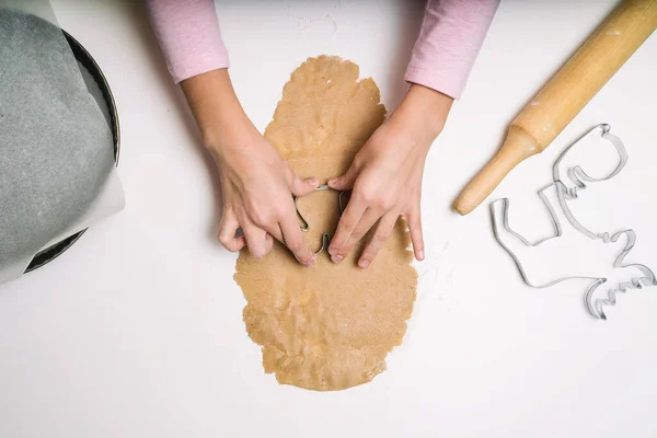 Little Girl Hand Making Traditional Christmas Cookies Raw Dough Cutters Stock Photo