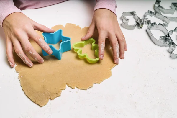 Little Girl Hand Making Traditional Christmas Cookies Raw Dough Cutters Royalty Free Stock Photos