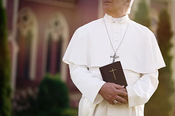 Papa Sosteniendo Una Biblia Jardín —  Fotos de Stock