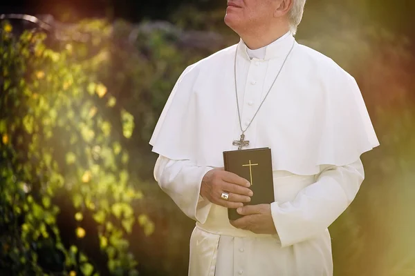 Pape Tenant Une Bible Dans Jardin — Photo