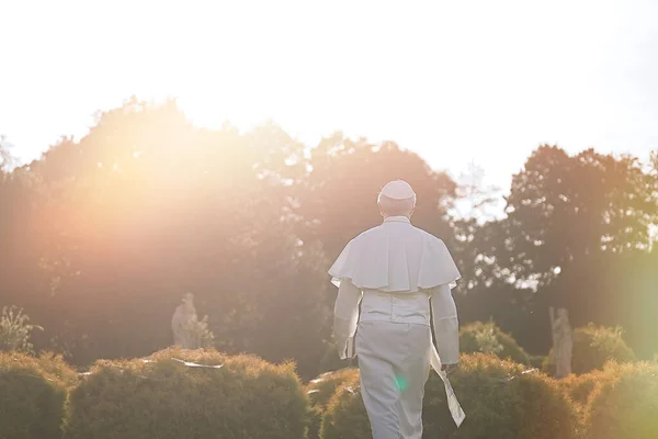 Pape Promène Fin Journée Dans Jardin Vue Arrière — Photo