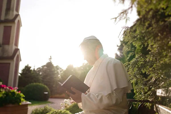 Pape Lit Bible Dans Jardin — Photo
