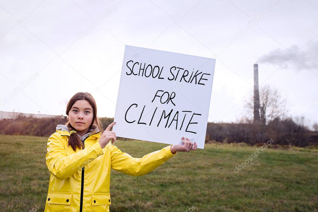                                Teenager girl holding placard during global strike for climate change   