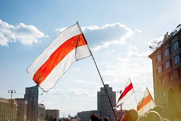 Drapeau Bélarus Blanc Rouge Blanc Manifestation Pacifique Minsk Août 2020 — Photo