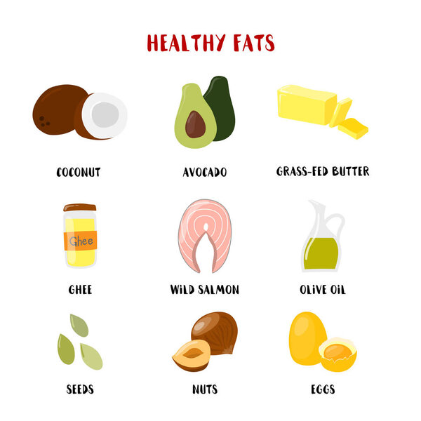 Food with Healthy fats and oils icons set isolated on white. Vector cartoon style illustration