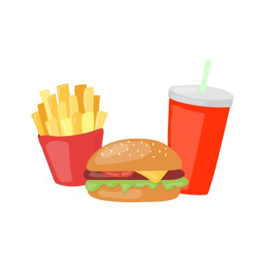 Fast Food büyük hamburger, patates kızartması ve kola vektör simgesi ayarla. Sağlıksız abur cubur yeme çizgi film illüstrasyon izole beyaz arka plan üzerinde