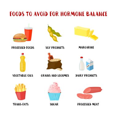 Gıda üzerinde beyaz izole hormon Dengeleme kümesi için önlemek için. Karikatür tarzı ürün simgeleri illüstrasyon vektör