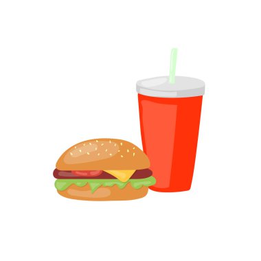 Fast Food büyük hamburger ve soda vektör simgesi ayarla. Sağlıksız abur cubur yeme çizgi film illüstrasyon izole beyaz arka plan üzerinde