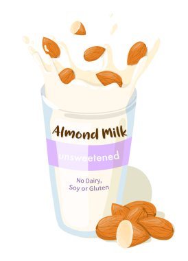 Badem sütü sıçrama ile bir cam vektör paket tasarım tüm badem. Çizgi film illüstrasyon izole beyaz arka plan üzerinde yeme sağlıklı