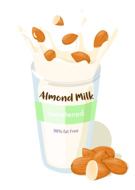 Badem sütü sıçrama ile bir cam vektör paket tasarım tüm badem. Çizgi film illüstrasyon izole beyaz arka plan üzerinde yeme sağlıklı