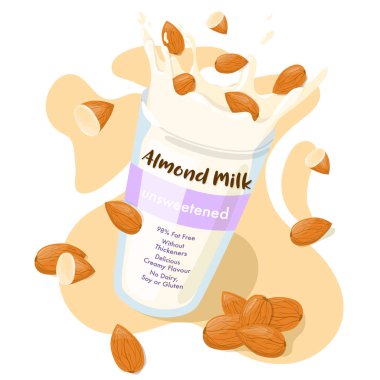 Badem sütü sıçrama ile bir cam vektör reklam afiş tasarım tüm badem. Çizgi film poster illüstrasyon izole beyaz arka plan üzerinde yeme sağlıklı