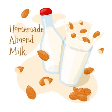 Bir cam vektör simgesi tüm badem ev yapımı badem süt şişesi ve Splash. Çizgi film illüstrasyon izole beyaz arka plan üzerinde yeme sağlıklı