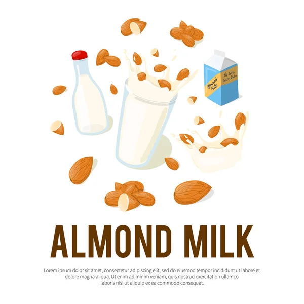 杏仁牛奶矢量广告传单与地方为您的文本 健康饮食卡通插图在白色背景下隔离 — 图库矢量图片