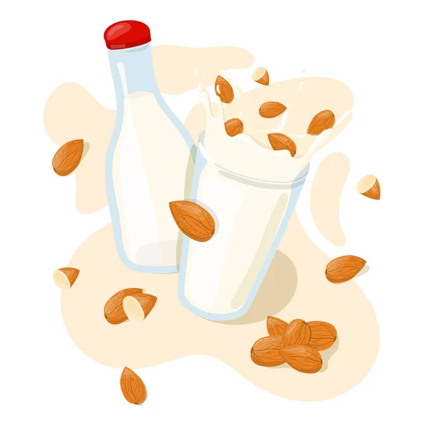 自制的杏仁牛奶在一个瓶子和飞溅与整个杏仁在一个玻璃载体海报 健康饮食卡通插图在白色背景下隔离 — 图库矢量图片