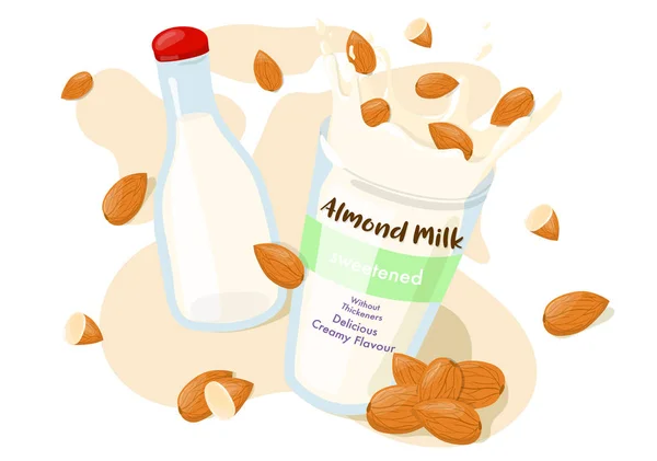 杏仁牛奶在一个瓶子和飞溅与整个杏仁在一个玻璃媒介广告海报 健康饮食卡通插图在白色背景下隔离 — 图库矢量图片