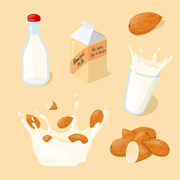 杏仁奶玻璃 包装矢量图标集 健康饮食卡通插图隔离 — 图库矢量图片