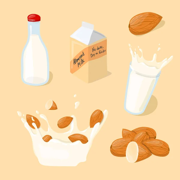 Almendra Vaso Leche Salpicadura Botella Paquete Vector Icono Conjunto Alimentación — Archivo Imágenes Vectoriales