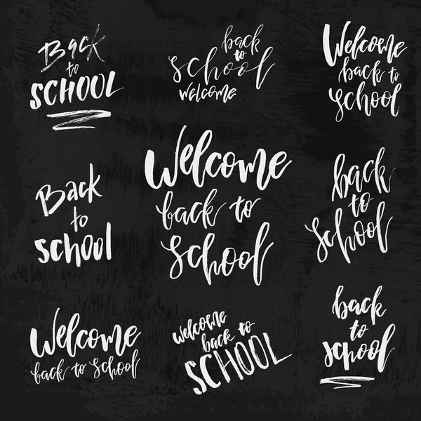 Welcome Back School Chalk Lettering Blackboard Vintage Calligraphic Design Label — Stock Vector