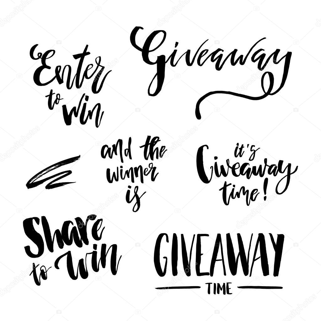 It's Giveaway Time Lettering text set. Typography for promotion in social media isolated on white background. Free gift raffle, win a freebies. Vector advertising.