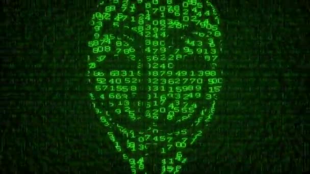 サイバー著作権侵害 デジタルデータコードマトリックス 匿名の活動家のシンボル マスク がコンピュータ画面に表示されます モニター画面の極端なクローズアップから戻るカメラ マスク記号を表示 — ストック動画