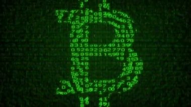 Bitcoin Cryptocurrency - dijital veri kod matris. Monitör ekranı bitcoin sembolünü gösterirken, geri aşırı hareketli kamera kapat.