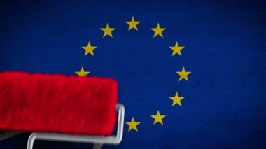 İngiltere'de AB Brexit - bayrak duvar üzerinde repainting. İngiltere bayrak beton duvar ile AB bayrağı yerine silindir boyama.