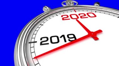 Yeni Yıl 2020 Saat (Mavi Ekran). 2019'dan 2020 yılına geri sayım. Kendi arka planınız için mükemmel, mavi ekranda temiz maske.