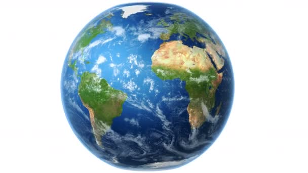Carte du monde réaliste 4K Wraps to Spinning Globe (blanc bg). La carte du monde tourne autour de Globe. La Terre est centrée dans le cadre. La deuxième partie du clip (avec rotation) peut être bouclée. Carte de textures gracieuseté de NASA .