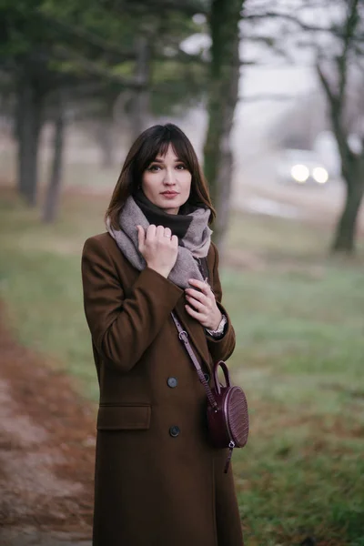 Woman in brown stylish cashmere posing on autumn background.