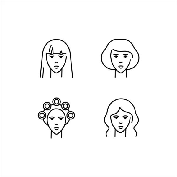 Penteados femininos. Perm, styling, cabelo endireitado. Um conjunto de ícones vetoriais no estilo esboço, isolado em um fundo branco. Ilustração do logotipo . — Vetor de Stock