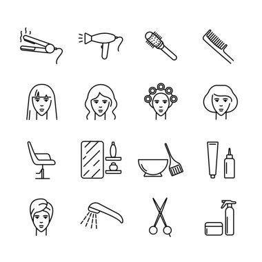 Kuaför salonu vektör simgeleri ayarlandı. İkon saç kesimi, perma, boyama, yıkama, düzleştirme. Saç bakımı. Beyaz arkaplanda siyah ana hat izole edildi.
