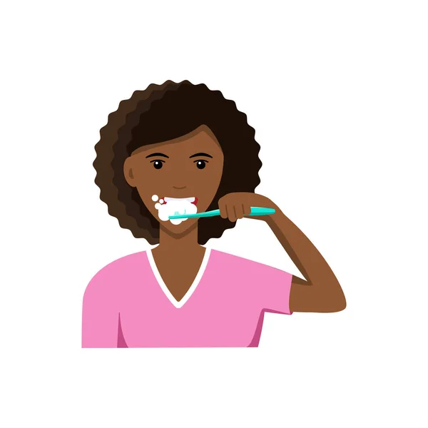 Jolie jeune femme afro-américaine qui se brosse les dents. Hygiène buccale et procédures dentaires concept. Illustration vectorielle dans un style plat isolé sur fond blanc — Image vectorielle