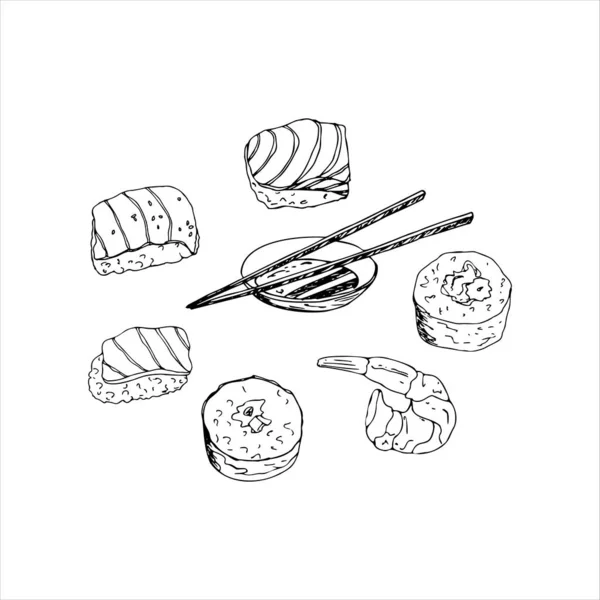 Japanese food set consisting of sushi, rolls, shrimp, wooden chopsticks and a bowl of soy sauce, isolated on a white background. — Stock Vector