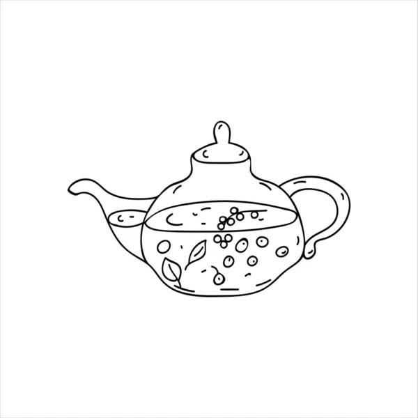 Γυάλινη τσαγιέρα με ζεστό τσάι φρούτων. Χειροποίητη τσαγιέρα. Σύμβολο του ένα άνετο ζεστό σπίτι. Στοιχείο Doodle. Απλή διανυσματική απεικόνιση που απομονώνεται σε λευκό φόντο — Διανυσματικό Αρχείο