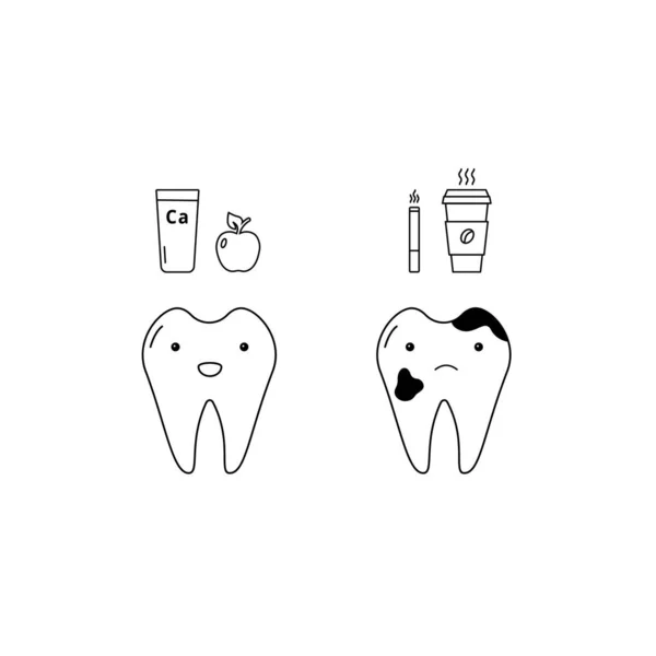 Un diente blanco sano y un diente malo. Buenos y malos hábitos. Nutrición adecuada para dientes sanos y hermosos. Icono de contorno negro aislado sobre un fondo blanco. Para diseño web, móvil, ui — Archivo Imágenes Vectoriales