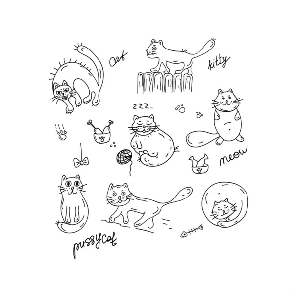 Funny cats set in Doodle style. Cute sketch animal. Doodle element. Simple hand drawn vector sketch illustration isolated on a white background — Stock Vector