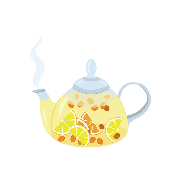 Teáskanna gyümölcsteával. Forró tea friss citrommal, narancssárgával, homoktövisbogyóval. Melegítő ital. Teaidő, reggeli. Vektor illusztráció lapos stílusban elszigetelt fehér alapon — Stock Vector
