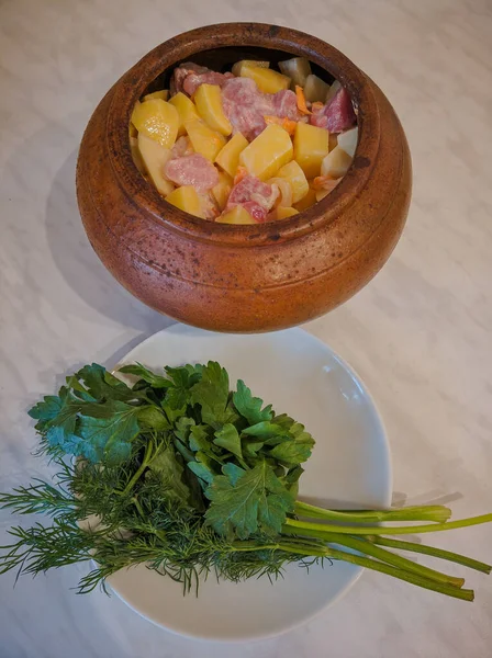 Clay Pot Meat Potatoes Cooking Roast Greens Parsley Plate Russian — Stock Photo, Image