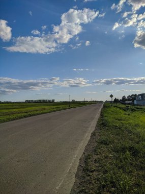 Rus taşrası, giden yol manzarası, mavi gökyüzü ve Kamen-na-Obi 'deki yeşil çayırlar, Altai, Rusya.