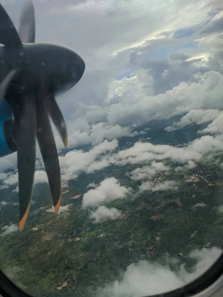 Dar Salaam Tanzania December 2019 Flying Propeller Plane Clouds Window — Stock Photo, Image