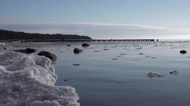 Kumlu sahil kıyısında sallanan buz parçaları sakin suyla birlikte..
