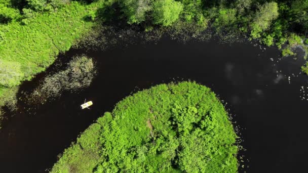 Letecký pohled žlutá veslice v tmavé řece ohyb se zelenými pobřežími — Stock video