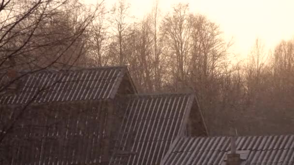 Zware sneeuwval bij zonsopkomst of zonsondergang met gele oranje lucht en houten dak — Stockvideo