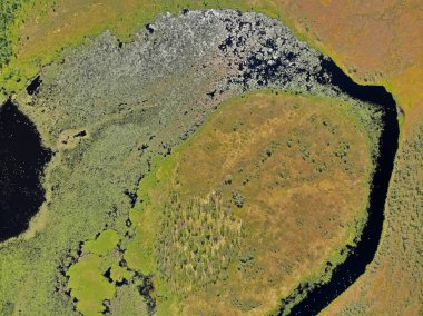 Kırmızı bakır renkli bataklık hava manzaralı göl. Ekoloji güzel bir yer. Bulutlu yaz