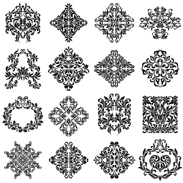 Damasko süsler tasarım kullanmak için ayarlayın. Zarif çiçek ve vintage öğeler. Beyaz arka plan üzerinde izole bezemeler. Oryantal tarzda. Davetiyeler, kartları, duvar kağıdı vs için mükemmel.