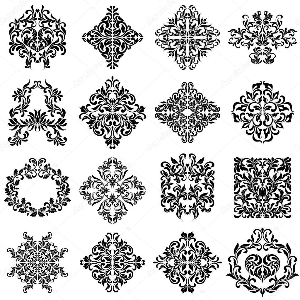 Set of damask ornaments for design use. Elegant  floral and vintage elements. Embellishments isolated on white background. Oriental style. Perfect for invitations, cards, wallpaper etc.