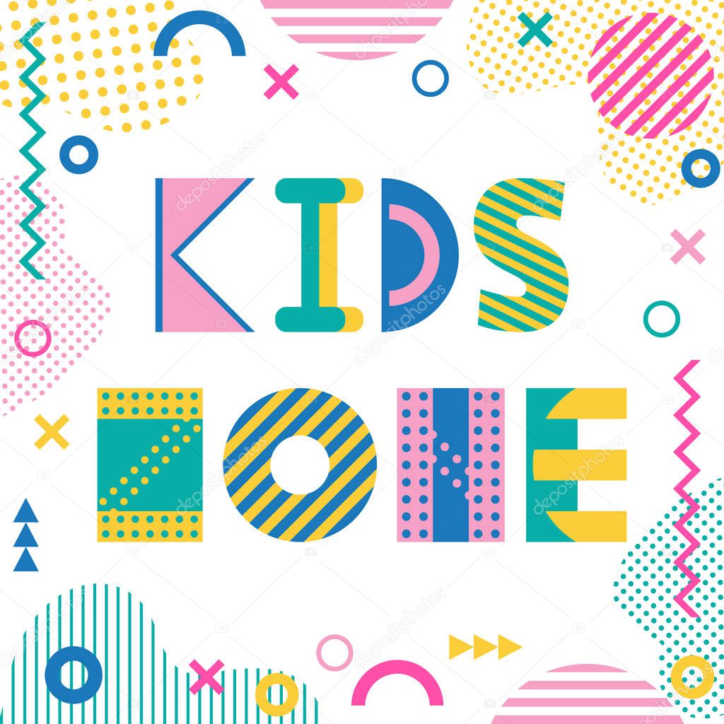 Kids zone. Text and geometric elements isolated on a white background. Trendy geometric font. Memphis style of 80s-90s.