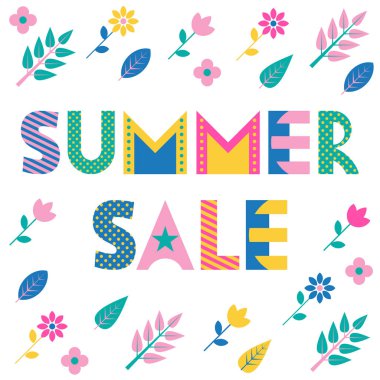 Yaz Satılık. Trendy geometrik yazı tipi. Metin, yeşillik ve beyaz bir arka plan üzerinde izole çiçekler. 80s 90s Memphis tarzı.