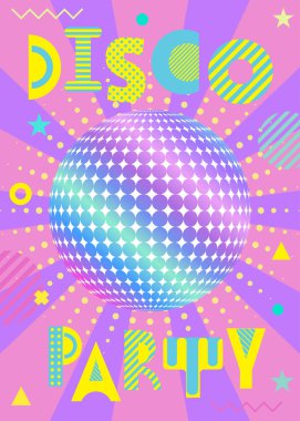 Banner retro tarzı bir parti için. Memphis tarzı 80s 90s popüler geometrik yazı tipi. Pembe ve Lila ışınları ile sanal disko topu