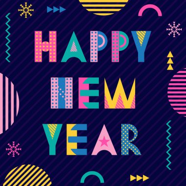 Şık tebrik kartı. Yeni Yılınız Kutlu Olsun. Memphis tarzı 80s 90s popüler geometrik yazı tipi. Çizgili koyu mavi zemin üzerine yazıt ve soyut geometrik figürler